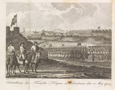 A francia csapatok elhagyják Landrecyt, 1794 A francia serleg kivonata Landrecies den-ből 1794. május 11. (cím a tárgyon) alkotó: Cornelis Brouwer