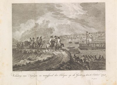 Francia löveg a menekülő csapatokkal a Gierbrugon, 1794 Nymegen elhagyása és a Vulture Bridge csapatainak katasztrófája, 1794. október 16. (cím a tárgyon) alkotó: Cornelis Brouwer
