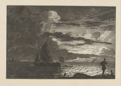 Férfi táskával a vállán napkeltekor alkotó: Cornelis Brouwer