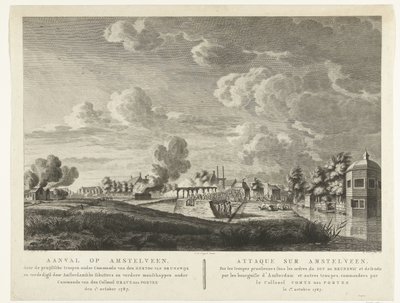 A porosz csapatok 1787. október 1-jén megtámadják Amstelveent, amelyet amszterdami puskák védtek. Támadás Amstelveen ellen ... 1787. október 1-jén (cím a tárgyon) Attaque sur Amstelveen ... le 1er. 1787. október (cím a tárgyon) alkotó: Cornelis Brouwer
