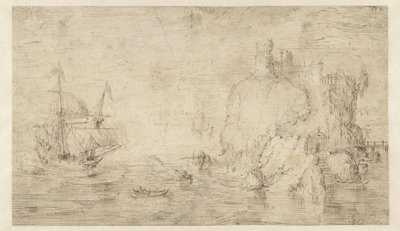 Tengeri tájkép egy hajóval egy sziget közelében alkotó: Cornelis Claesz van Wieringen (attributed to)