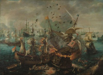 Gibraltári csata 1607-ben A spanyol zászlóshajó felrobbanása a gibraltári csata során, 1607. április 25. alkotó: Cornelis Claesz  van Wieringen