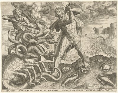 Herkules legyőzi Lerna hidráját Hercules munkái (sorozat címe) alkotó: Cornelis Cort