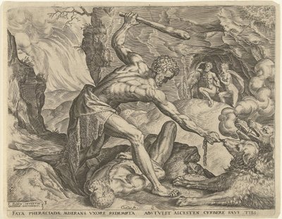 Herkules kirángatja Cerberust a pokolból Hercules munkái (sorozat címe) alkotó: Cornelis Cort