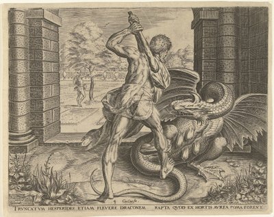 Herkules ellopja a Heszperidok aranyalmáit Hercules munkái (sorozat címe) alkotó: Cornelis Cort