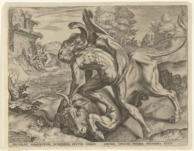 Herkules Achelousszal birkózik Hercules munkái (sorozat címe) alkotó: Cornelis Cort