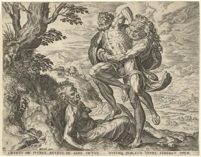 Herkules Antaeusszal birkózik Hercules munkái (sorozat címe) alkotó: Cornelis Cort