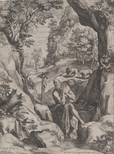 Szent Jeromos bűnbánó a vadonban, 1573. alkotó: Cornelis Cort