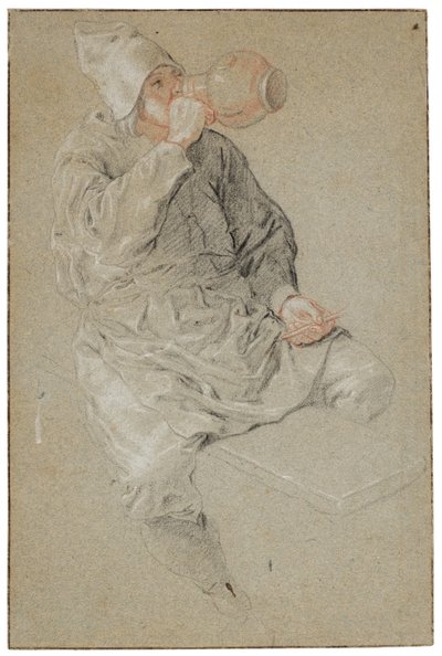 Ülő férfi, aki egy agyagedényből iszik, kezében pipával (kréta, papír) alkotó: Cornelis Dusart