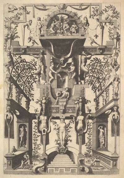 Fantasztikus építészeti szerkezet pántokkal és két pergolával és egy kis jelenettel a Vu...-val, 1557. alkotó: Cornelis Floris Ii