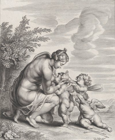 Vénusz három Ámort szoptat egy tájban, kb. 1627-78. alkotó: Cornelis Galle II