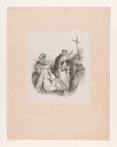 Társaság és szerzetesek egy keresztnél Teológia (cím a tárgyon) alkotó: Cornelis Kruseman
