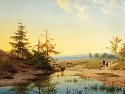 Egy láp figurákkal és szarvasmarhákkal egy tó mellett alkotó: Cornelis Lieste