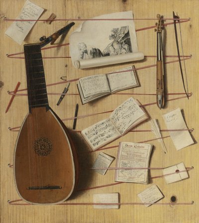 Trompe loeil csendélet lanttal, rebeccsel és kottákkal alkotó: Cornelis Norbertus Gijsbrechts
