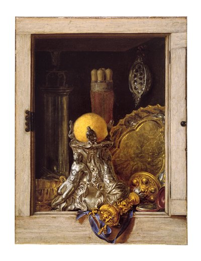 Ezüstáru nyitott szekrényben (olaj, vászon) alkotó: Cornelis Norbertus Gysbrechts