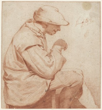 Ülő férfi puha sapkával, profilban jobbra, felemelt jobb kézzel alkotó: Cornelis Pietersz. Bega (attributed to)