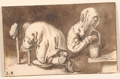 Egy térdelő férfi és egy nő kosárral alkotó: Cornelis Pietersz Bega