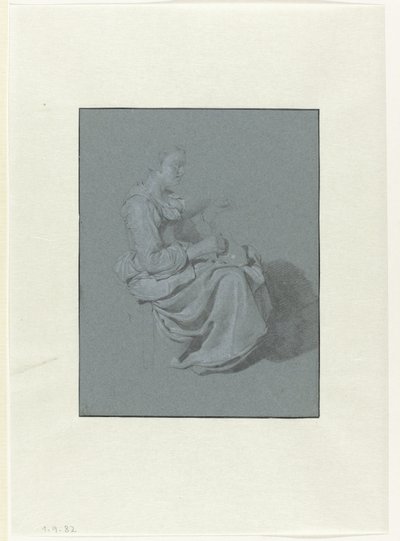 Ülő nő, profilban jobbra, egy kancsóval a jobb kezében alkotó: Cornelis Pietersz. Bega