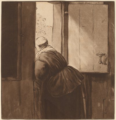 Nő hajol egy alsó ajtó fölé, 1761, 1765-ben jelent meg. alkotó: Cornelis Ploos van Amstel