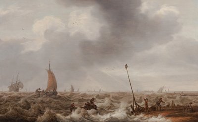 Szállítás hullámzó tengerekben a part mentén, mólóval, jelzőlámpával és egy távoli várossal, 1600-55 körül (olaj a panelen) alkotó: Cornelis Stooter