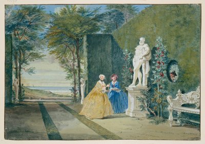 Parkrészlet két fiatal hölggyel egy Herkules-szobor mellett alkotó: Cornelis Troost