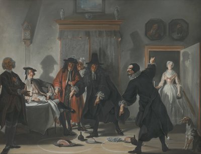 A matematikusok vagy a fiatal hölgy, aki elmenekült: vita doktorok Raasbollius és Urinaal között, 1741 alkotó: Cornelis Troost