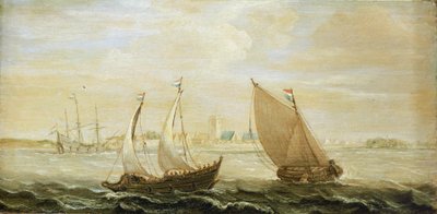 Egy jacht és egy kis holland vitorlás hajó a Zuiderzee (Északi-tenger) egyik kikötőjének partjainál, a horizonton a városra, jobbra a homokdűnékre nyílik kilátás. alkotó: Cornelis Verbeeck
