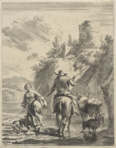 Pásztor és pásztorlány egy erődben Gördülő tájak (sorozat címe) alkotó: Cornelis Visscher (II)