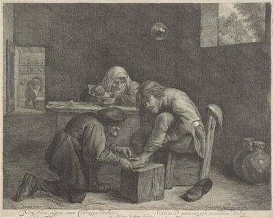 Férfi az orvosnál Béke, seca, purga, cura sebész! dolori (cím a tárgyon) alkotó: Cornelis Visscher (II)