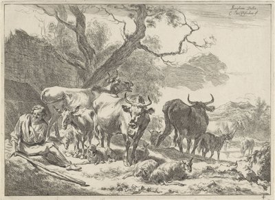 Pihenő öreg pásztor a nyájával Tájképek (sorozat címe) alkotó: Cornelis Visscher (II)