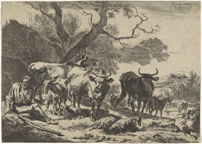 Pihenő öreg pásztor a nyájával Tájképek (sorozat címe) alkotó: Cornelis Visscher (II)