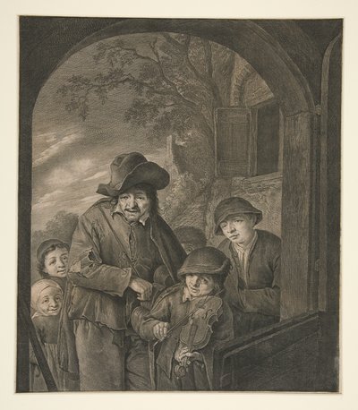 Cím nélkül (Zenészek egy fogadó ajtajánál) alkotó: Cornelis Visscher