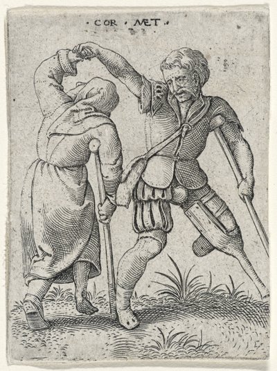 Egy fa lábú férfi, aki sánta nőt forgat a hóna alatt, 1572 (metszet fektetett papírra) alkotó: Cornelis after Massys