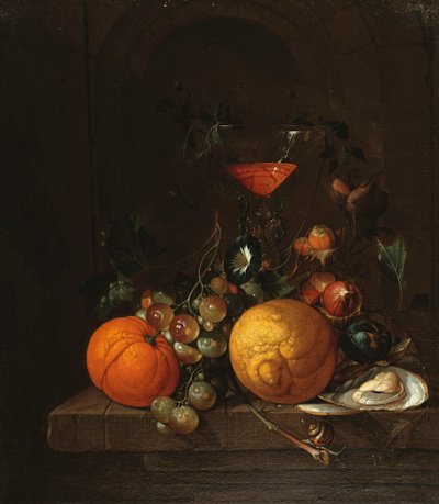 Egy citrom, egy narancs, szőlő, egy osztriga és egy pohár bor a párkányon alkotó: Cornelis de Heem