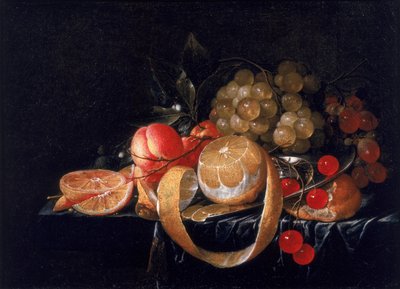 Csendélet citrommal, szőlővel, cseresznyével és sárgabarackkal egy óntányéron alkotó: Cornelis de Heem