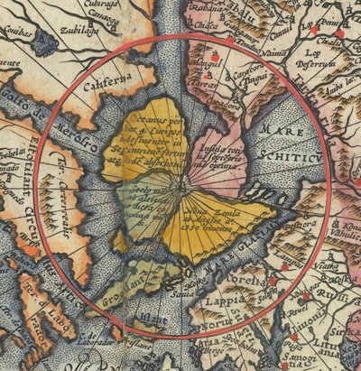 Világtérkép részlete - Artic, mágneses sziget az Északi-sarkkal alkotó: Cornelis de Jode