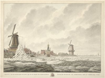 Kilátás a jégsarlóra, a gorinchemi Runmolen mögötti mellvéden és a mellvéden, 1799. február 20-án alkotó: Cornelis de Jonker