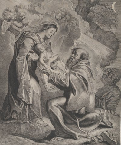 Szent Ferenc látomása, aki jobbra térdelve fogadja a Szűz Krisztus gyermekét..., 1650. alkotó: Cornelis de Visscher