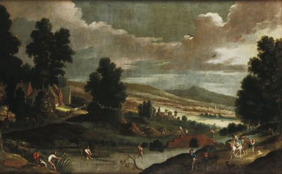 Tájkép vándorokkal és halászokkal alkotó: Cornelis de Wael
