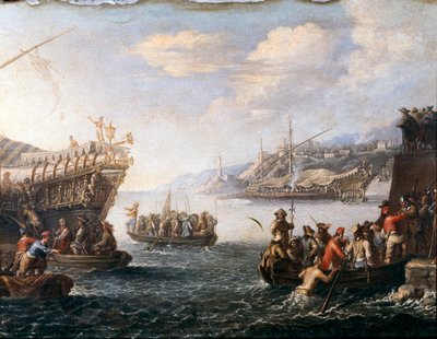 A törökök elleni harcra induló katonák Genoz kikötőjében (Festmény alkotó: Cornelis de Wael
