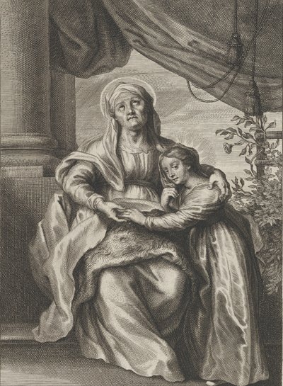 A Szűz nevelése, Szent Annával egy padon ülve, felfelé nézve és ..., kb. 1645-78. alkotó: Cornelis van Caukercken