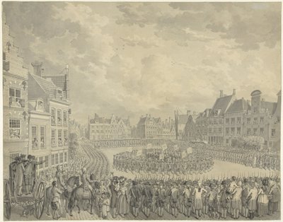 Az utrechti Neude lövész tisztjei esküt tettek a biztosok tanácsára, 1786 alkotó: Cornelis van Cuylenburgh (II) (signed by artist)