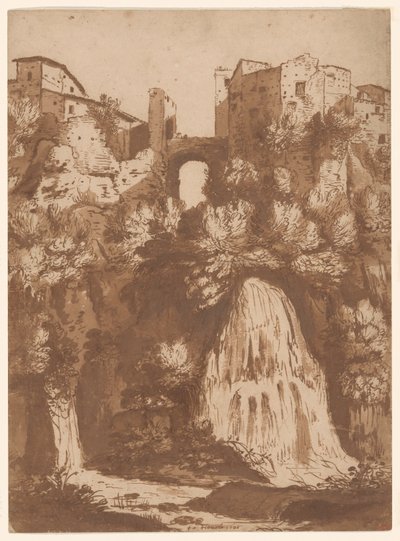 Kilátás a Tivolira az Anio-vízesés feletti híddal alkotó: Cornelis van Poelenburgh