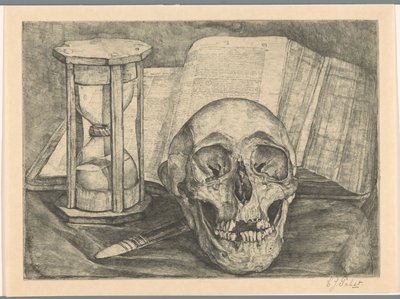 Csendélet koponyával, homokórával, könyvvel és késsel alkotó: Corrie Pabst (signed by artist)