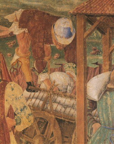 Kereskedő munka közben, részlet a Ceres diadala című filmből, jelenet az augusztus hónapból, Cosimo Turának tulajdonítva alkotó: Cosimo (attr. to) Tura