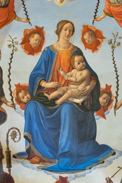 Madonna gyermekével dicsőségben, Szent Ambrus, Assisi Szent Ferenc, Atyaisten és angyalok, Oltárkép, részlet (freskó) alkotó: Cosimo Rosselli