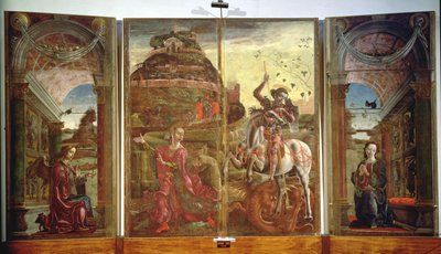 Szent Györgyöt és a sárkányt és az Angyali üdvözletet ábrázoló poliptichon, 1469 (tempera a táblán) (lásd még: 215997) alkotó: Cosimo Tura