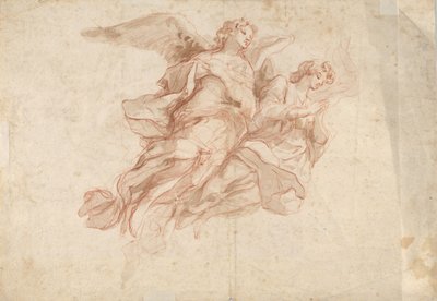 Két angyal repül, verso: Isten, az Atya, aki a felhőkben ül, és egy repülő figura vázlata, c1720 alkotó: Cosmas Damian Asam