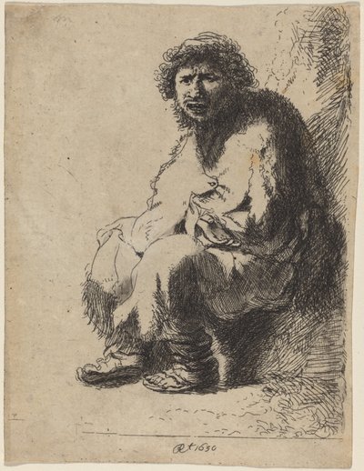 Koldus ül egy bankon alkotó: Costantino Cumano after Rembrandt van Rijn