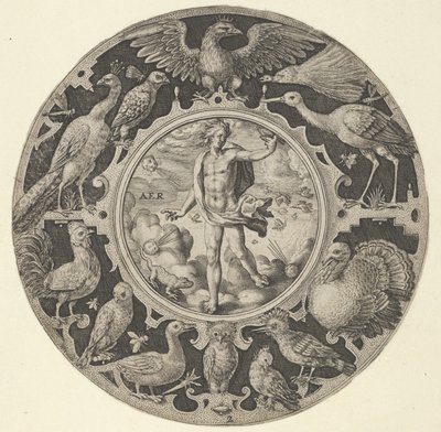 „Aer” dekoratív szegélyben madarakkal, kör alakú minták sorozatából az F...-vel, 1590-1612. alkotó: Crispijn de Passe I